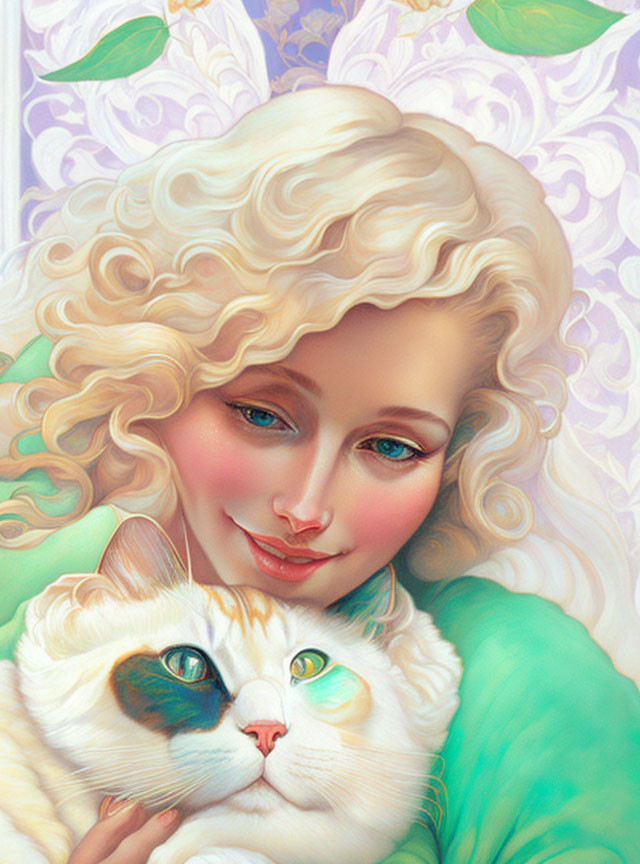 Blonde Woman Holding Green-Eyed Cat in Floral Setting