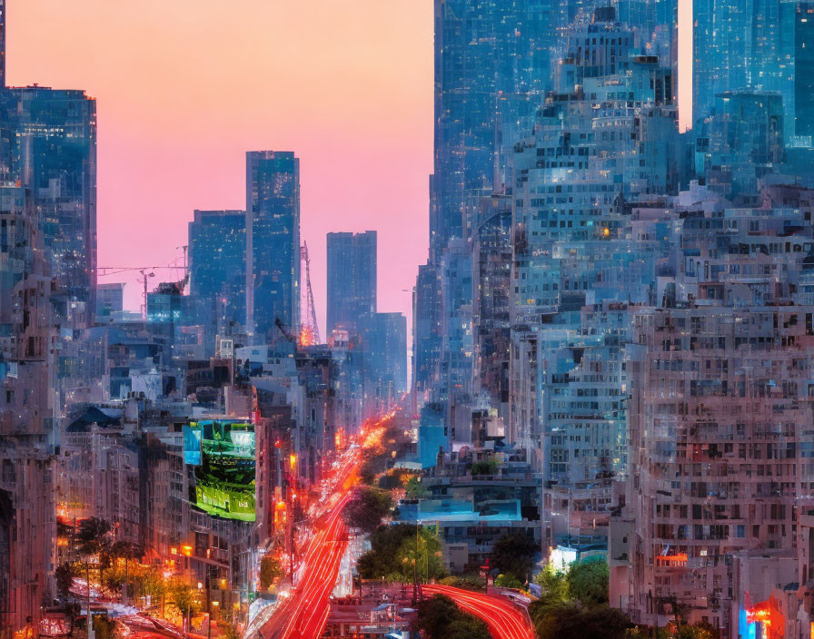 Cityscape at Dusk: Illuminated Buildings & Traffic Lights in Pink & Blue Sky