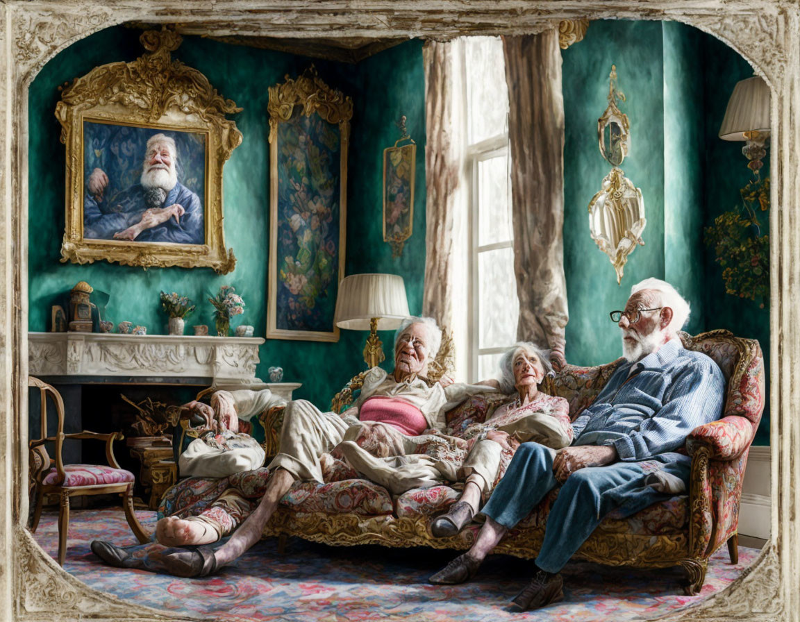 Elderly couple lounging in vintage room with classic decor