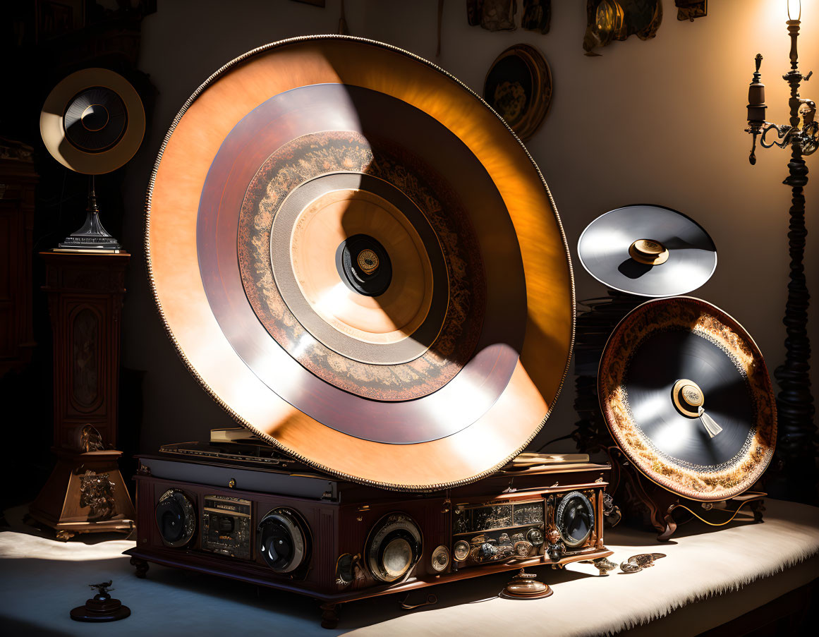 Vintage Gramophones and Old Radio Set Indoors