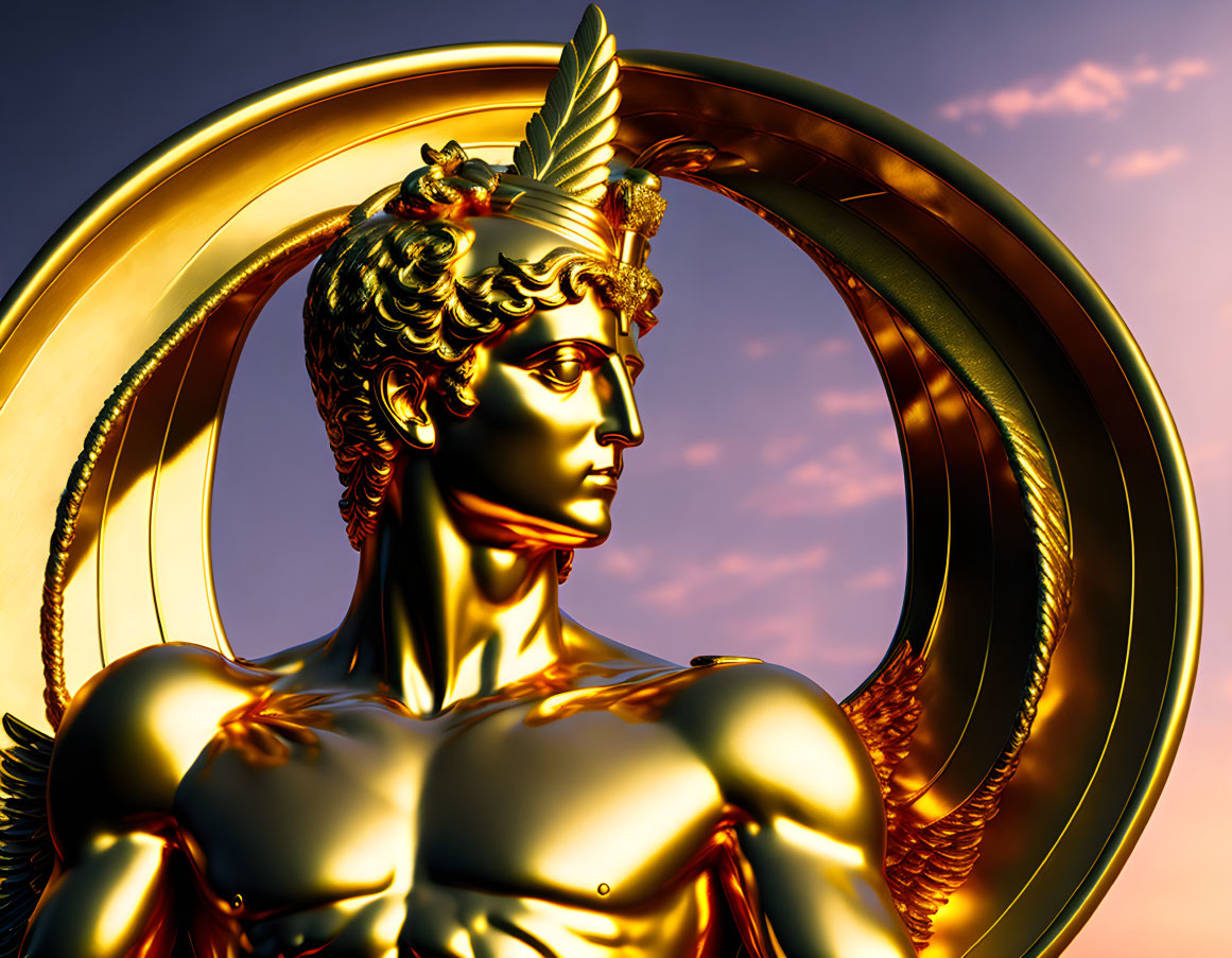 Classical golden statue with laurel wreath and feathers in sunset sky frame