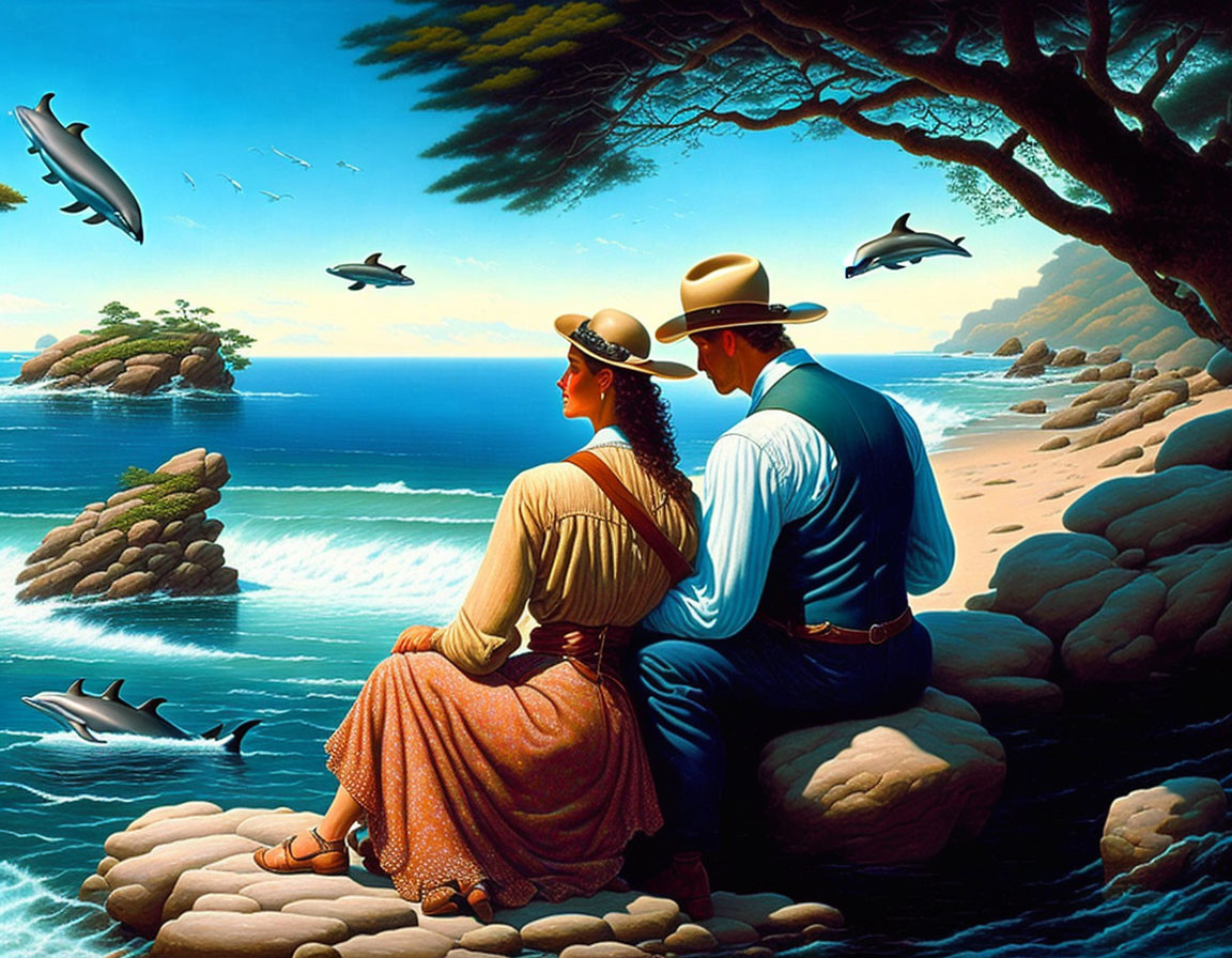 Vintage couple admiring dolphins and birds by rocky sea