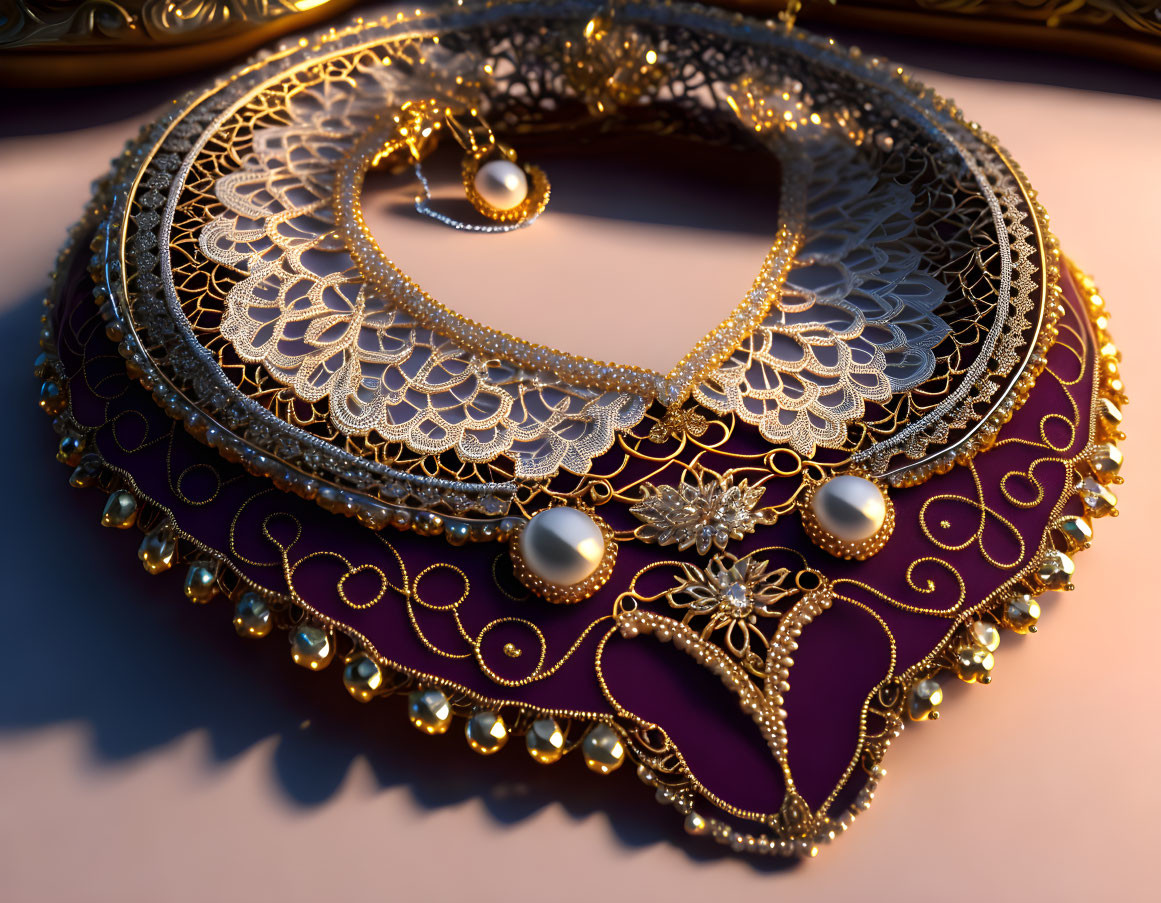 Elegant gold necklace with pearls and filigree on velvet surface