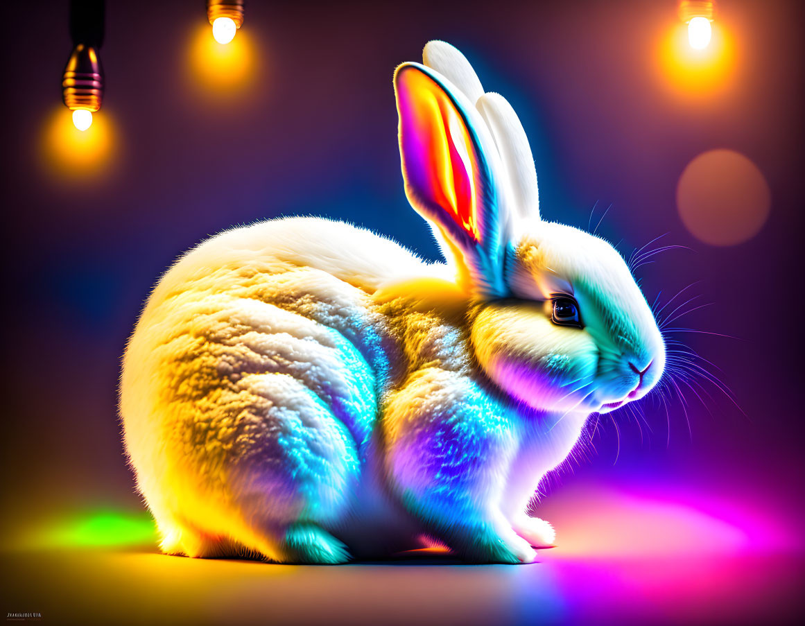 Colorful Lights Illuminate White Rabbit in Vibrant Image