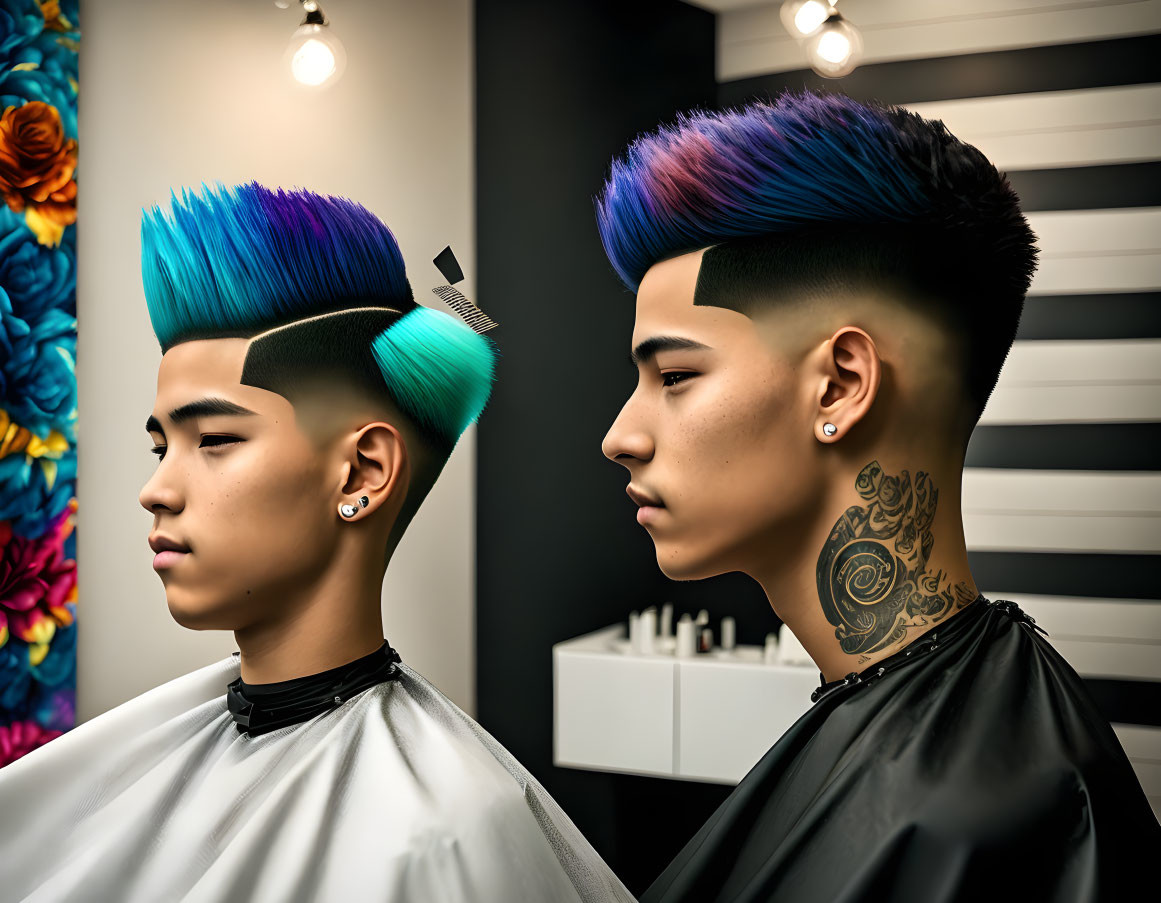 Vibrant blue-to-purple gradient hairstyle with undercut and neck tattoo