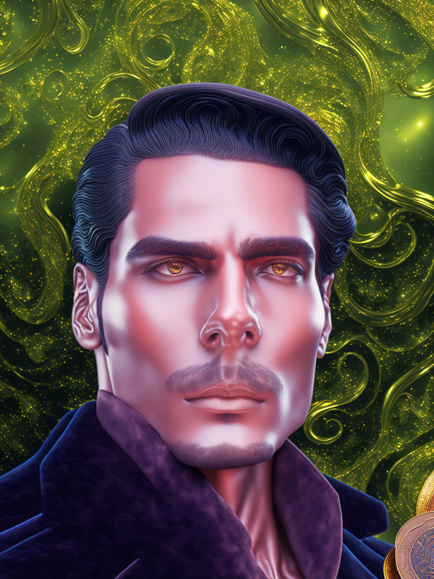 Detailed illustration of stern man with chiseled features against cosmic backdrop