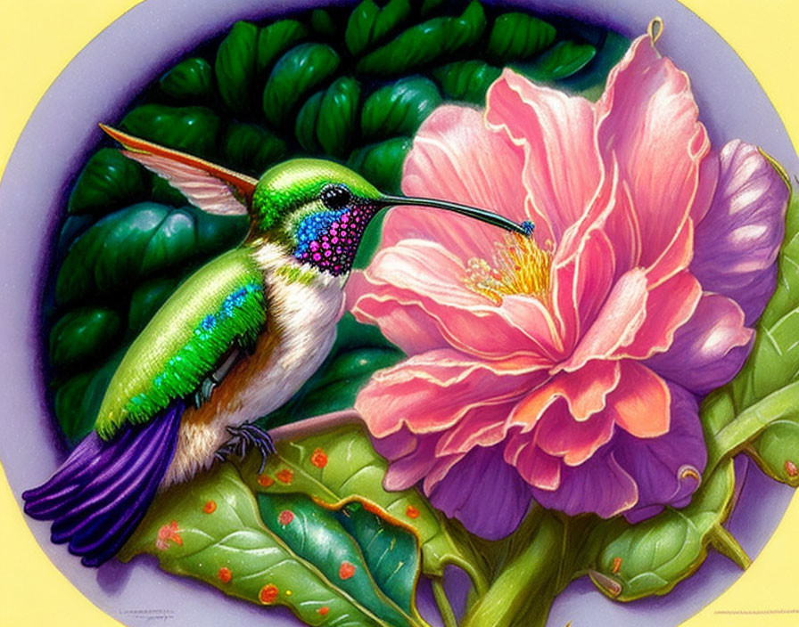 Colorful Hummingbird Illustration Near Pink Bloom and Green Leaves