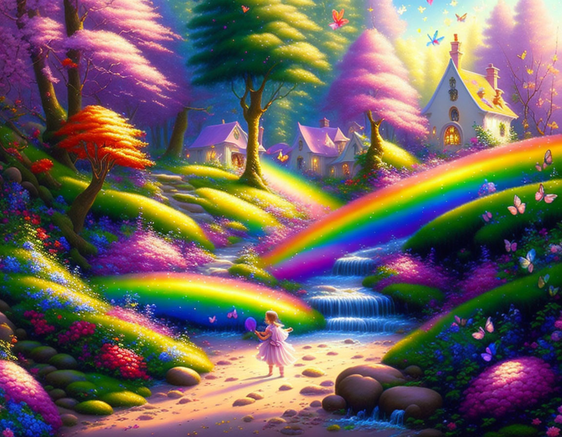 Colorful Fantasy Landscape with Rainbow, Stream, Trees, Flowers, Cottage, and Figure