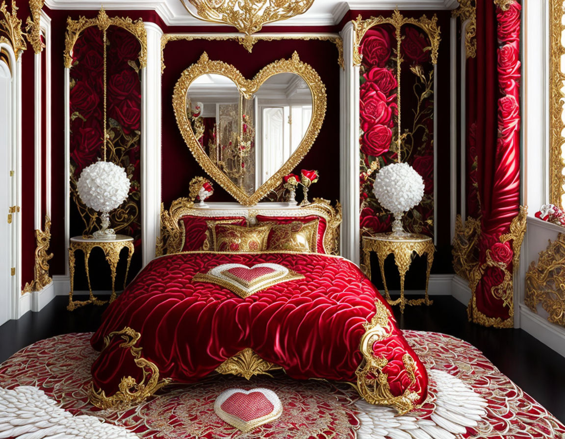 Luxurious Bedroom with Heart-Shaped Mirror and Red/Gold Decor