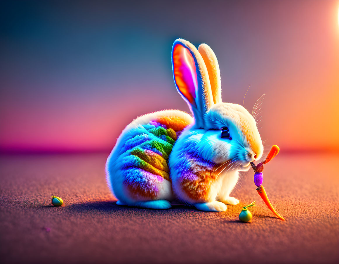 Colorful Rabbit with Vibrant Patterns Sniffing Carrot on Textured Surface