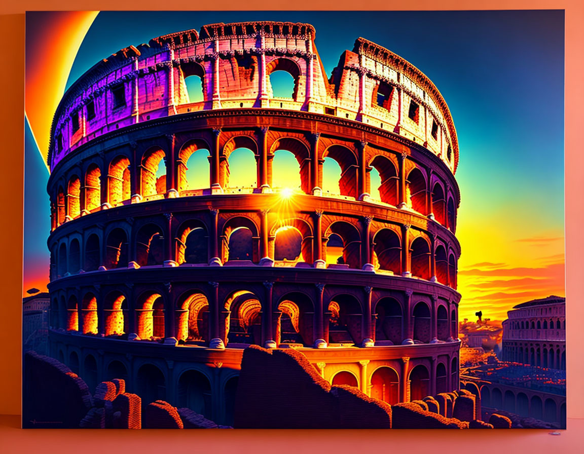 Colosseum in Rome with dramatic sunset sky and radiant arches