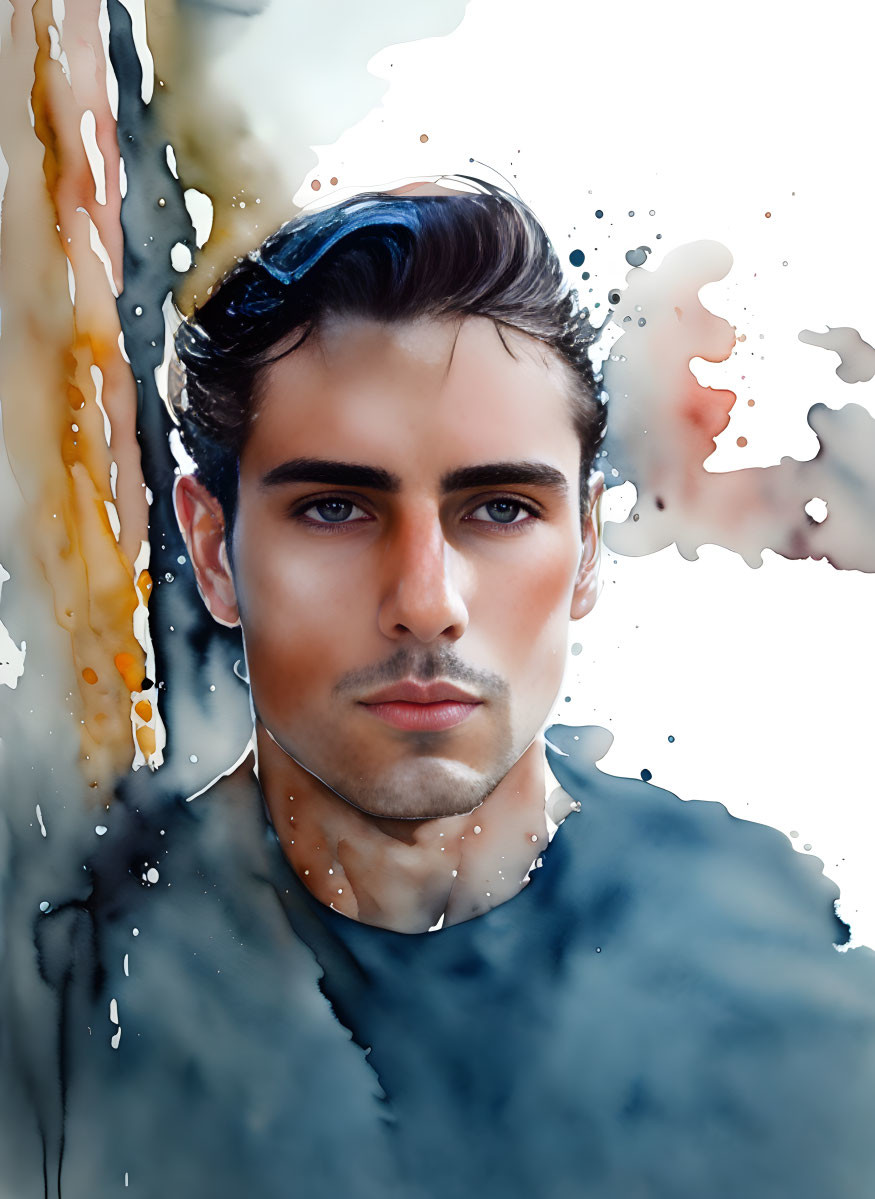 Dark-haired man with sharp gaze in digital watercolor portrait