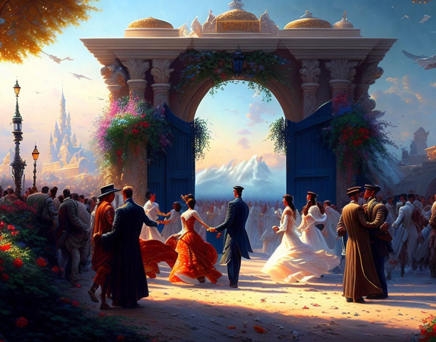 Elegant people dancing near ornate archway in vibrant fantasy painting