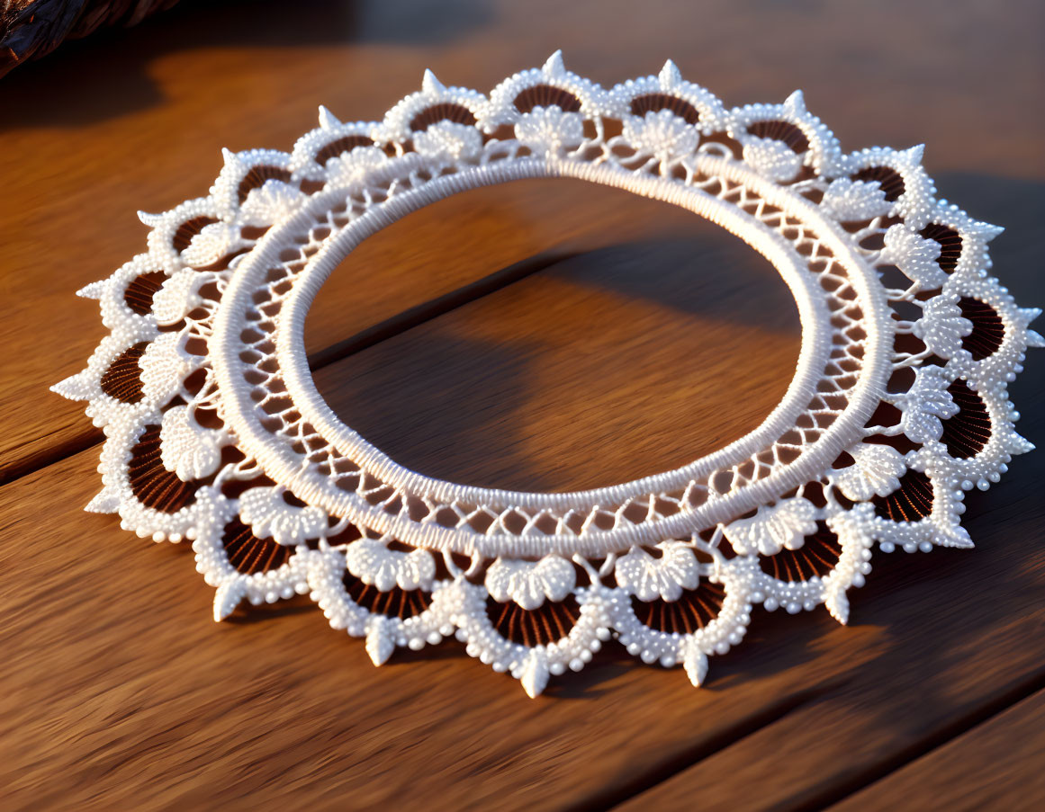 Intricate White Lace Doily on Wooden Surface