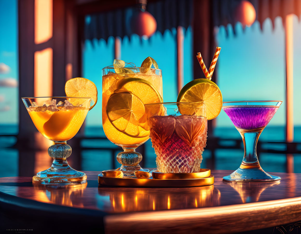 Vibrant Sunset Bar Counter Cocktails with Lime Garnishes