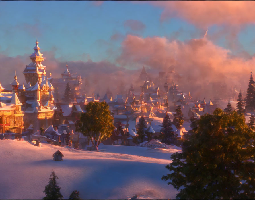 Snow-covered village with castle at sunrise or sunset