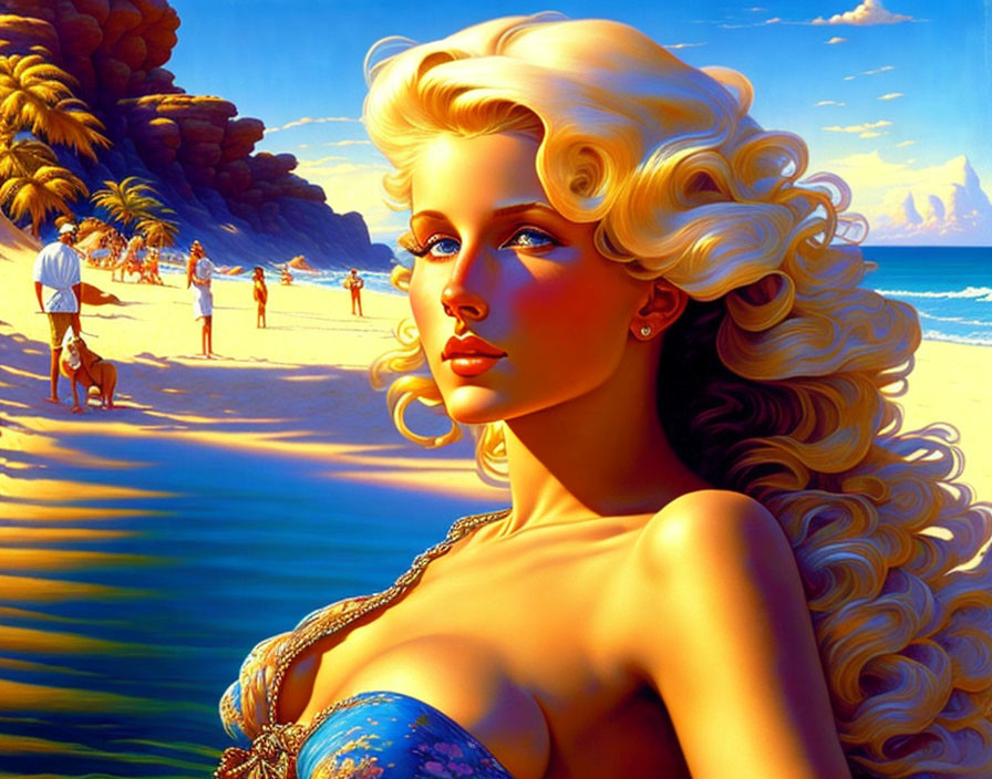 Blonde woman on beach with vibrant colors and detailed scenery