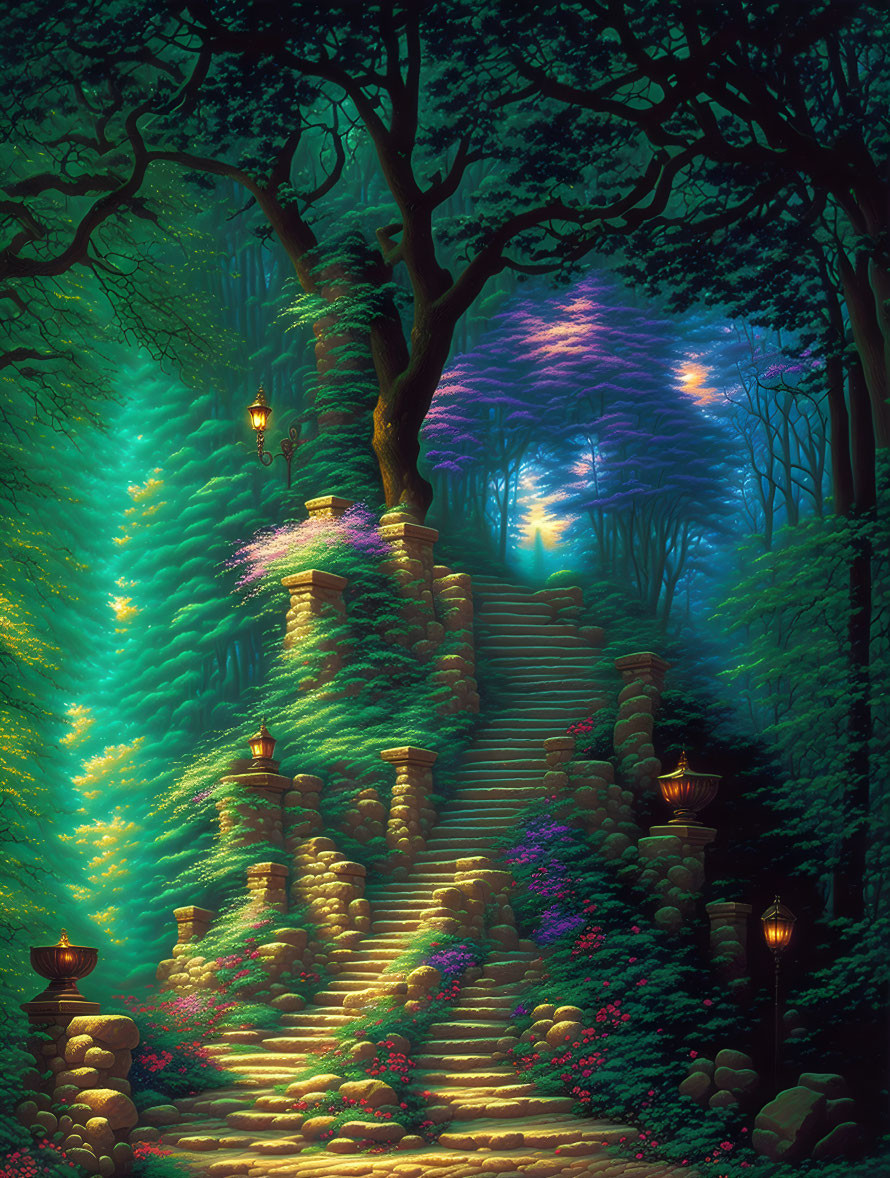 Enchanting forest scene with stone staircase, blooming flowers, lanterns, and radiant light