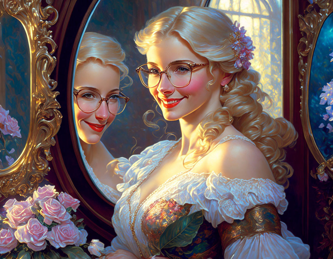 Smiling woman in vintage attire reflected in ornate mirror