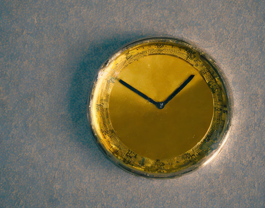 Golden Round Wall Clock on Textured Blue-Gray Background