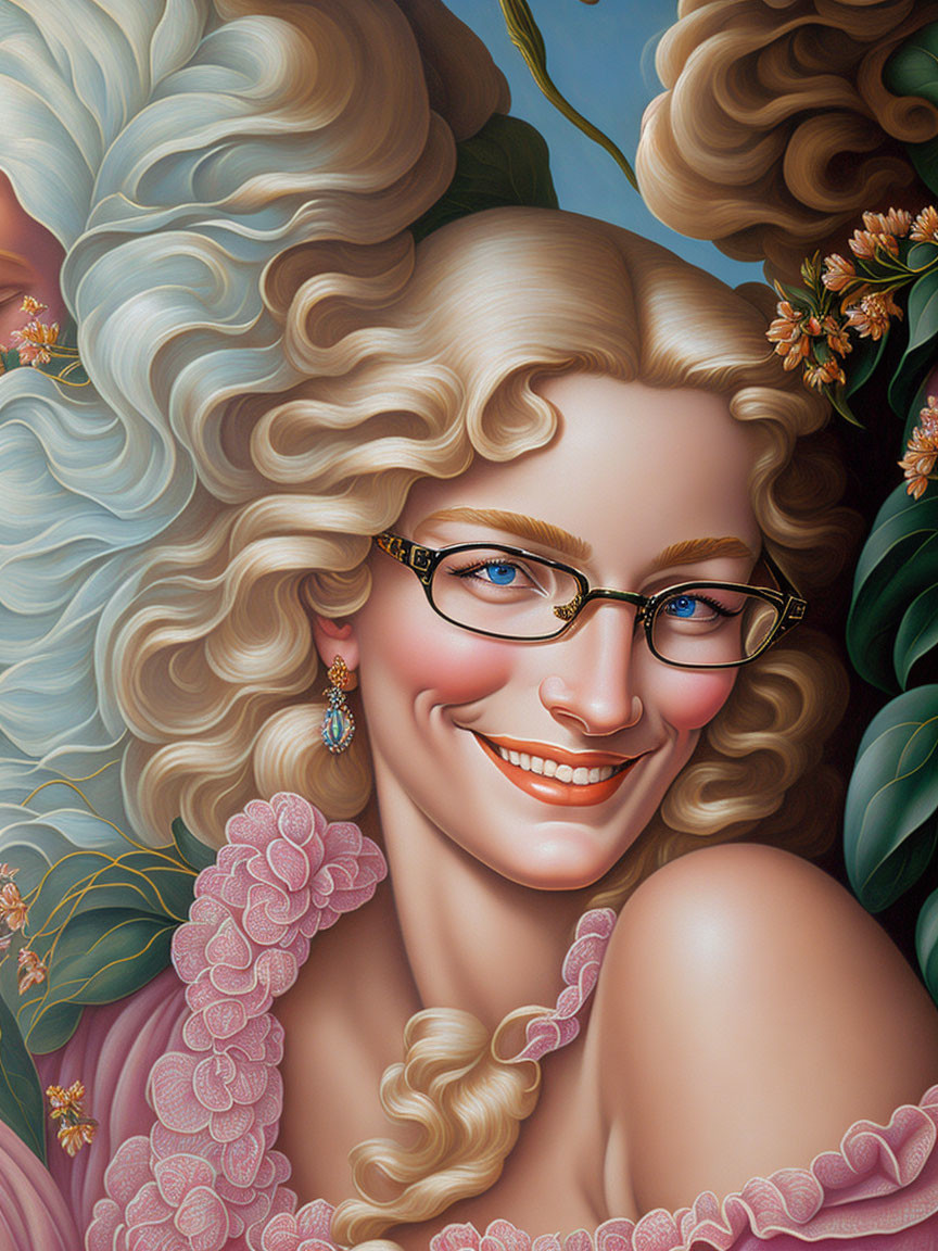 Portrait of smiling woman with blonde curls, blue eyes, glasses, pink ruffled outfit.