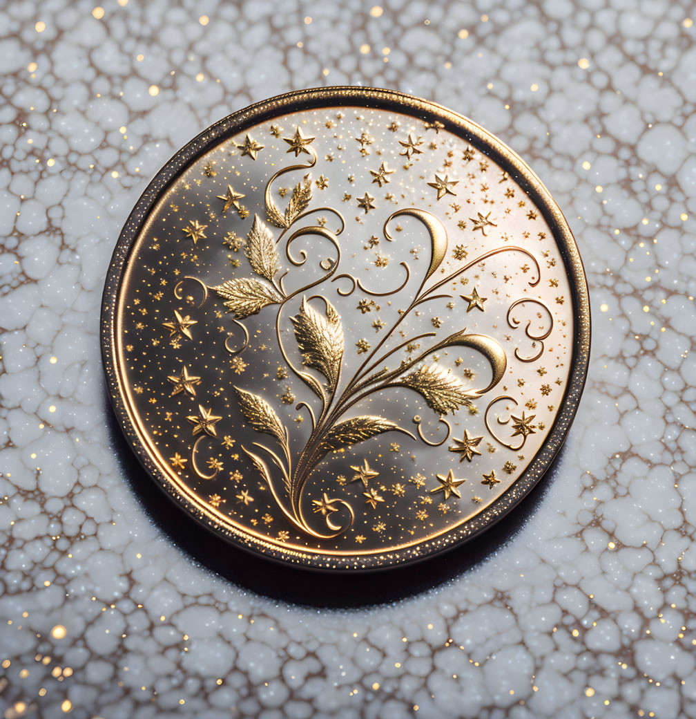 Intricate Floral Pattern on Golden Disc Against Silver Background