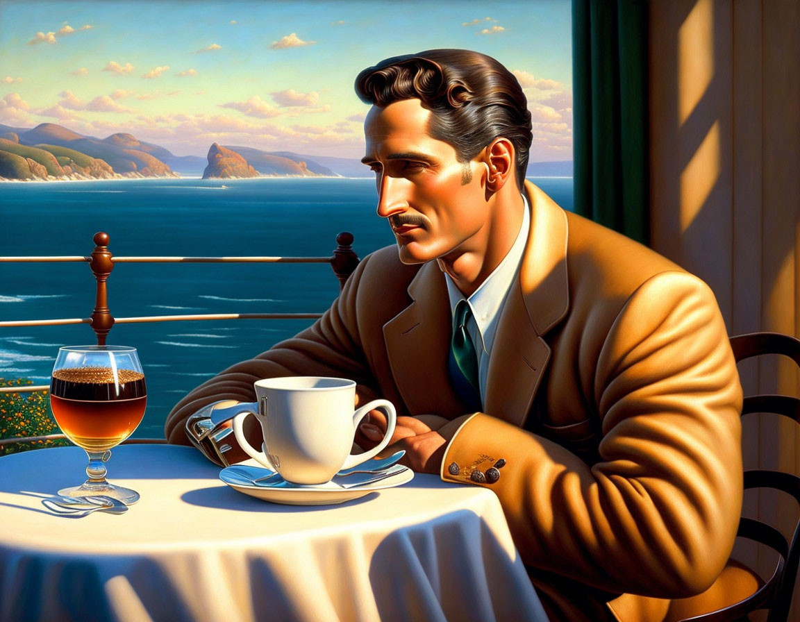 Illustration of man in suit at table with coffee and drink, balcony view.