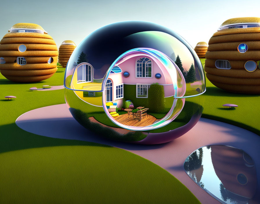 Transparent Bubble House in Surreal Landscape with Grass, Ponds, and Beehive Structures