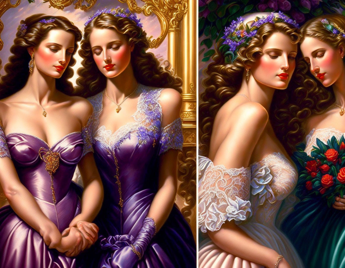 Victorian women in purple and white gowns hold hands by gilded mirror