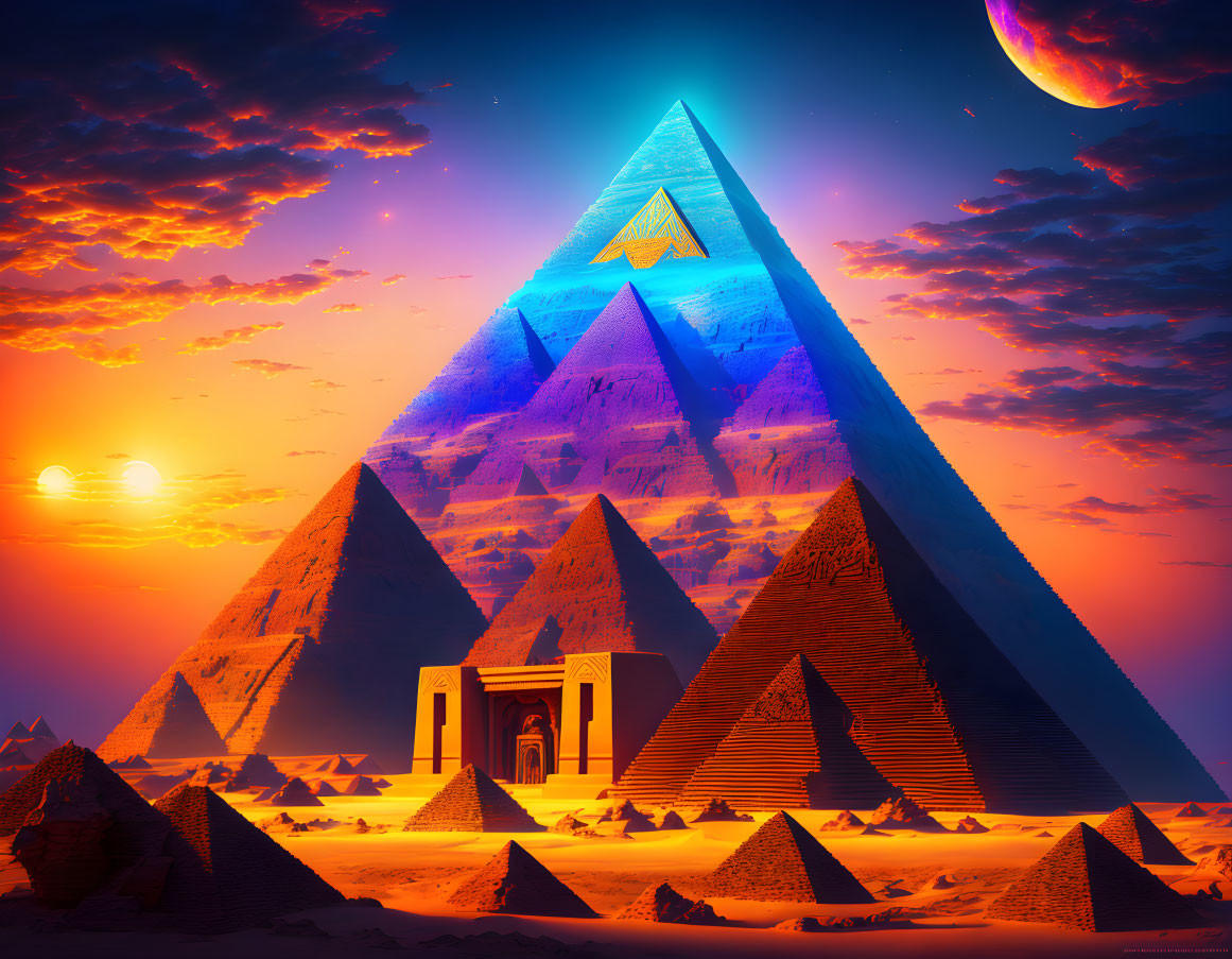 Surreal pyramids under twilight sky with glowing blue beam and celestial bodies.