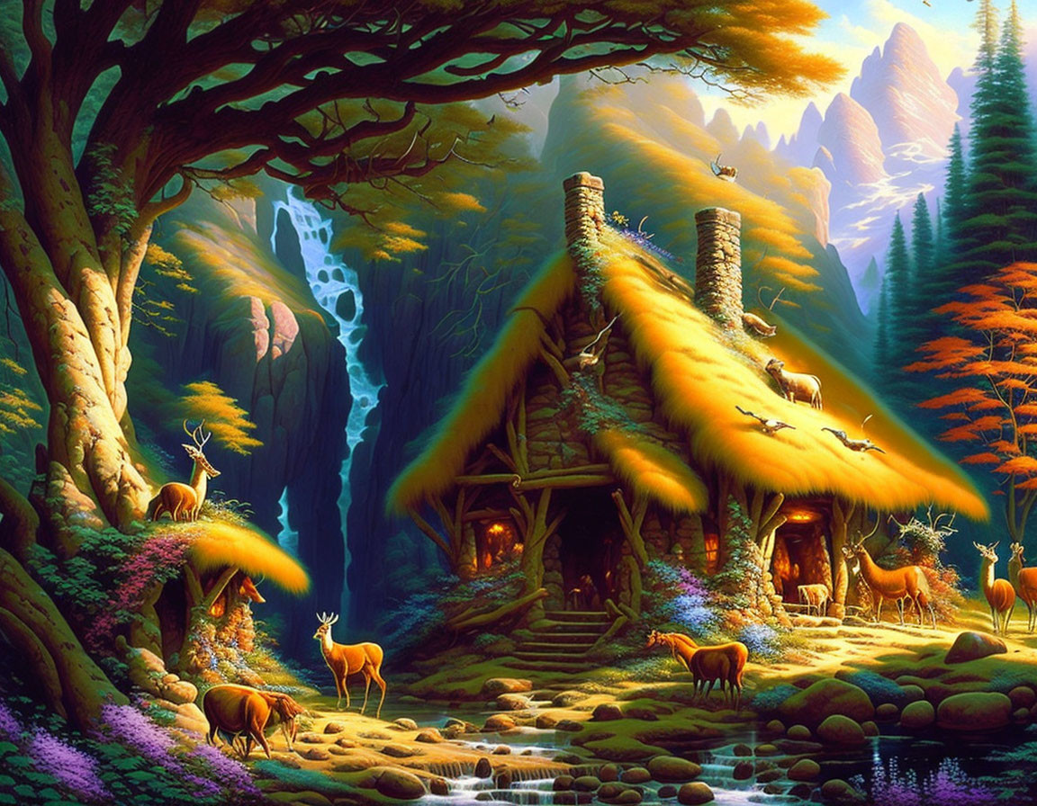 Enchanting fantasy woodland with cottage, waterfall, deer, and colorful foliage