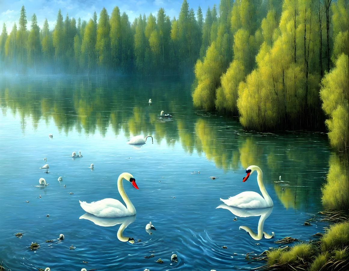 Tranquil lake scene with swans, ducks, and misty forest reflections