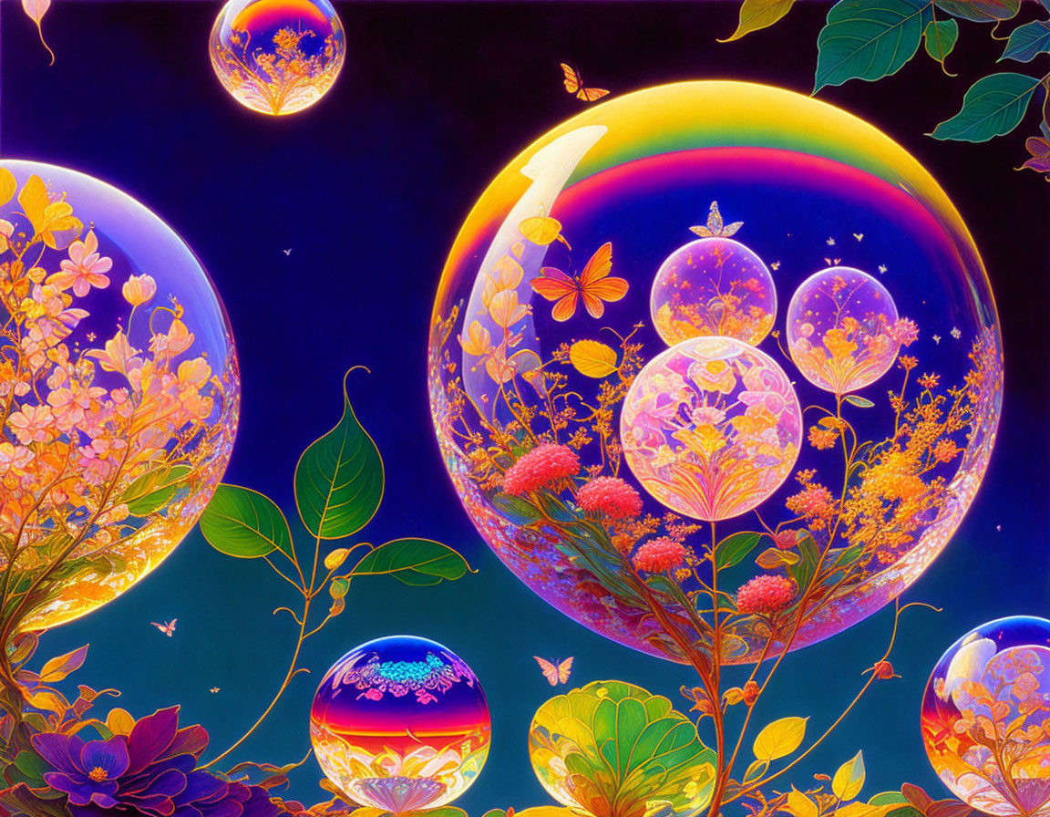 Colorful Fantasy Artwork: Multicolored Bubbles, Flowers, and Butterflies on Dark Star