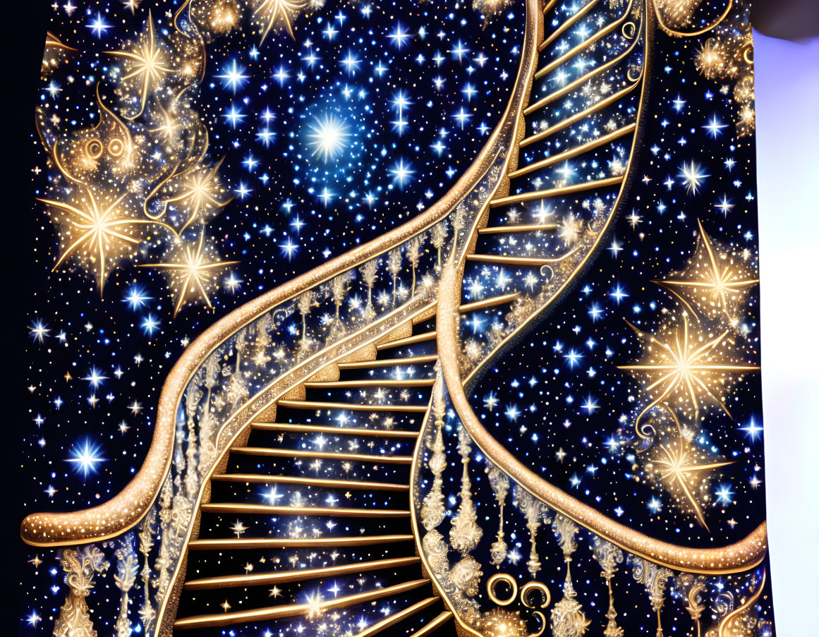 Golden ornate staircase against cosmic backdrop with stars and nebulous patterns