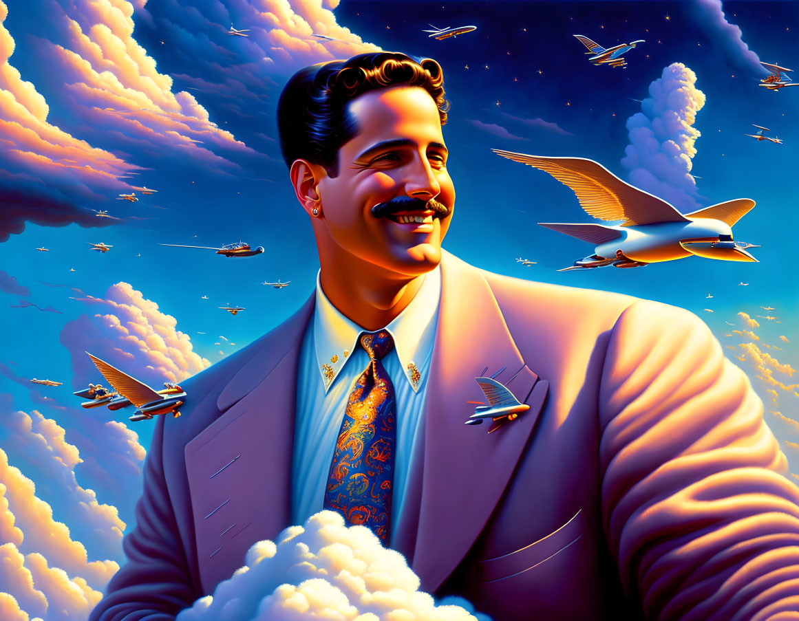 Retro-futuristic smiling man in suit with airplanes and birds in vibrant sky