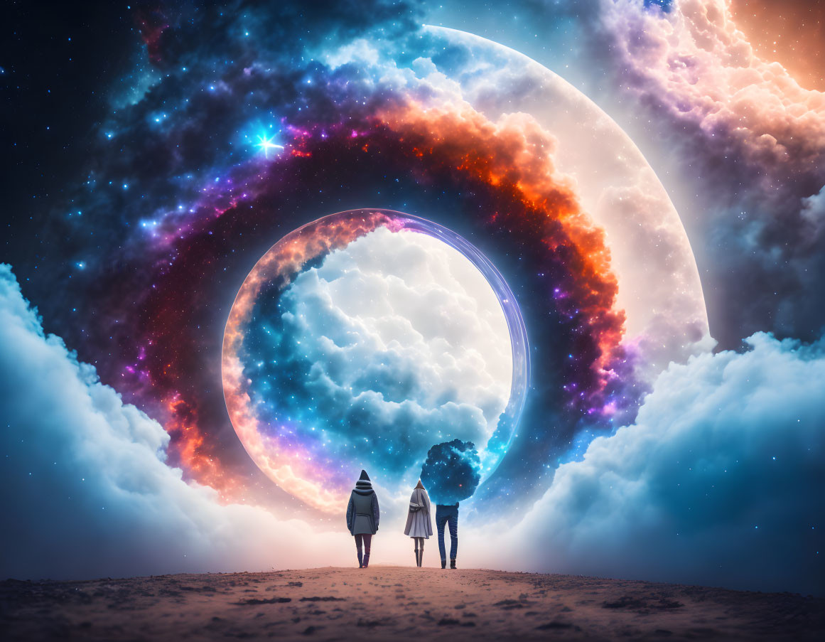 Surreal portal with celestial bodies and colorful nebulas