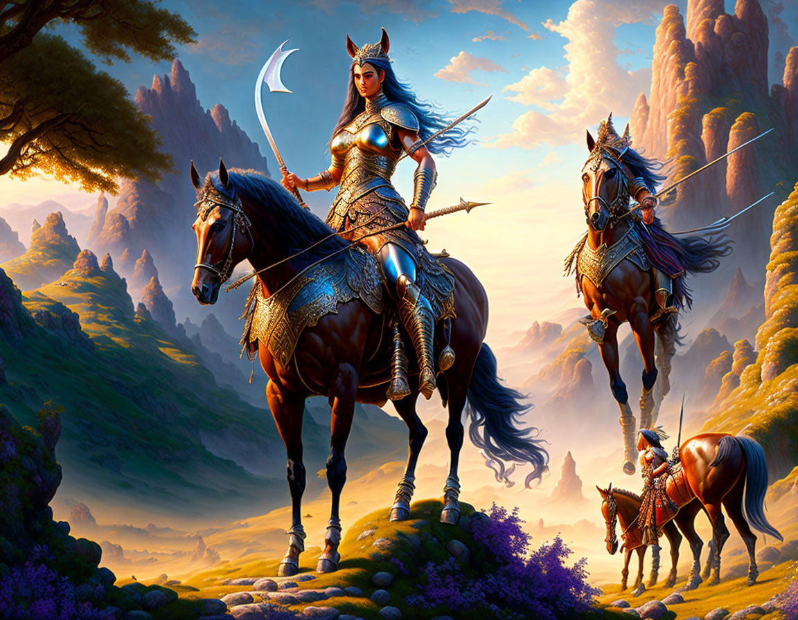 Female warrior in ornate armor riding horse with companions in fantastical landscape at dawn