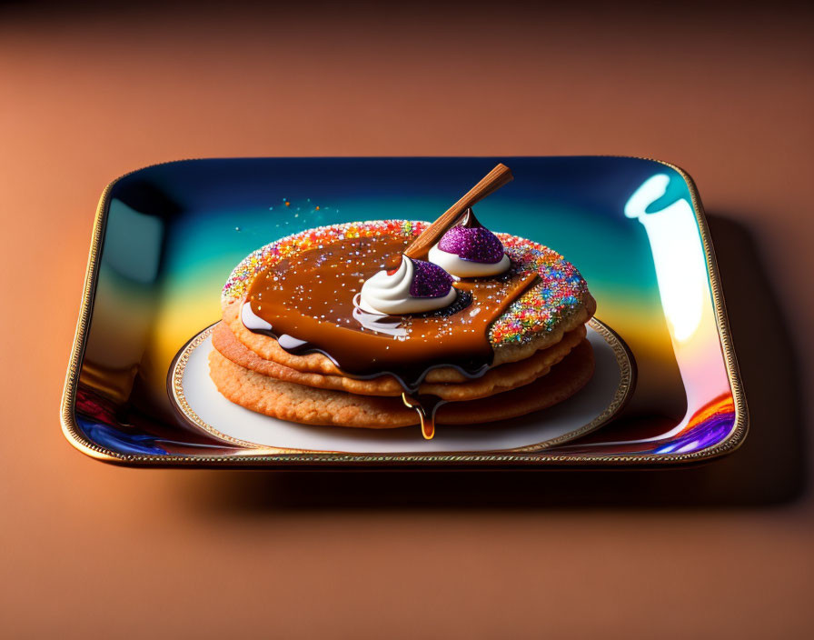 Colorful Sprinkle Cake with Creamy Swirls and Chocolate Sauce on Iridescent Plate