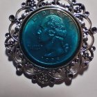 Vintage Cameo Brooch: Profile Relief on Blue Background, Silver Floral Frame