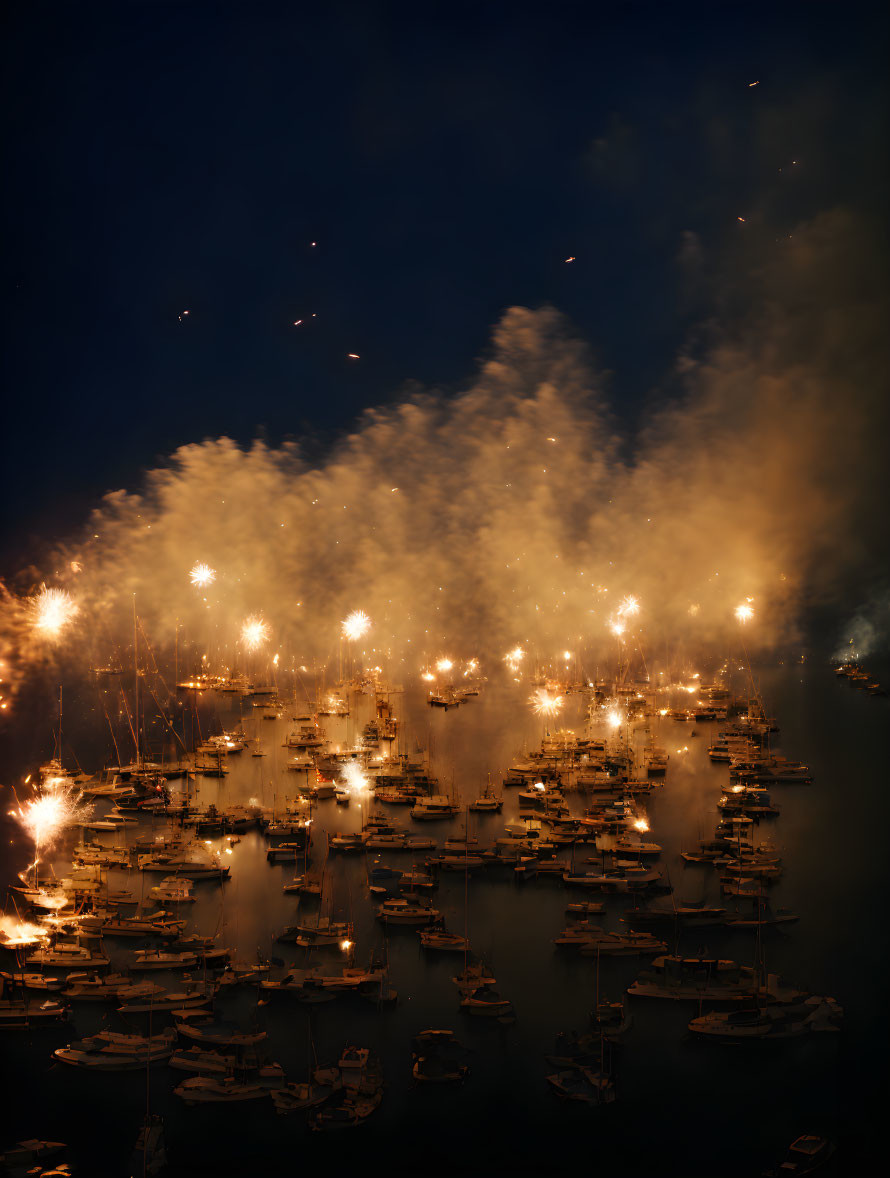 Nighttime Boats on Water with Golden Fireworks Display