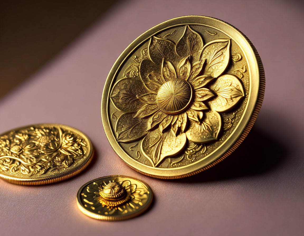 Intricately Designed Golden Coins with Floral Patterns on Brown Surface