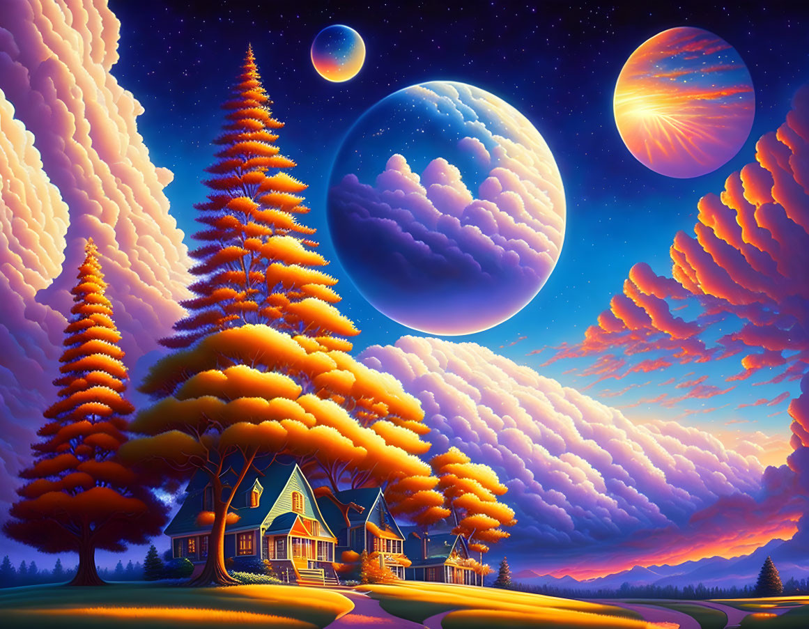 Surreal landscape with cozy house, golden-lit trees, celestial bodies, and stunning cloudscape