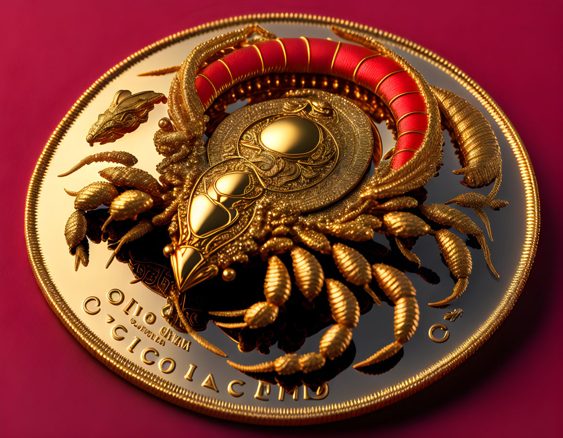 Intricate Scorpion and Wheat Motif Medallion on Red Background