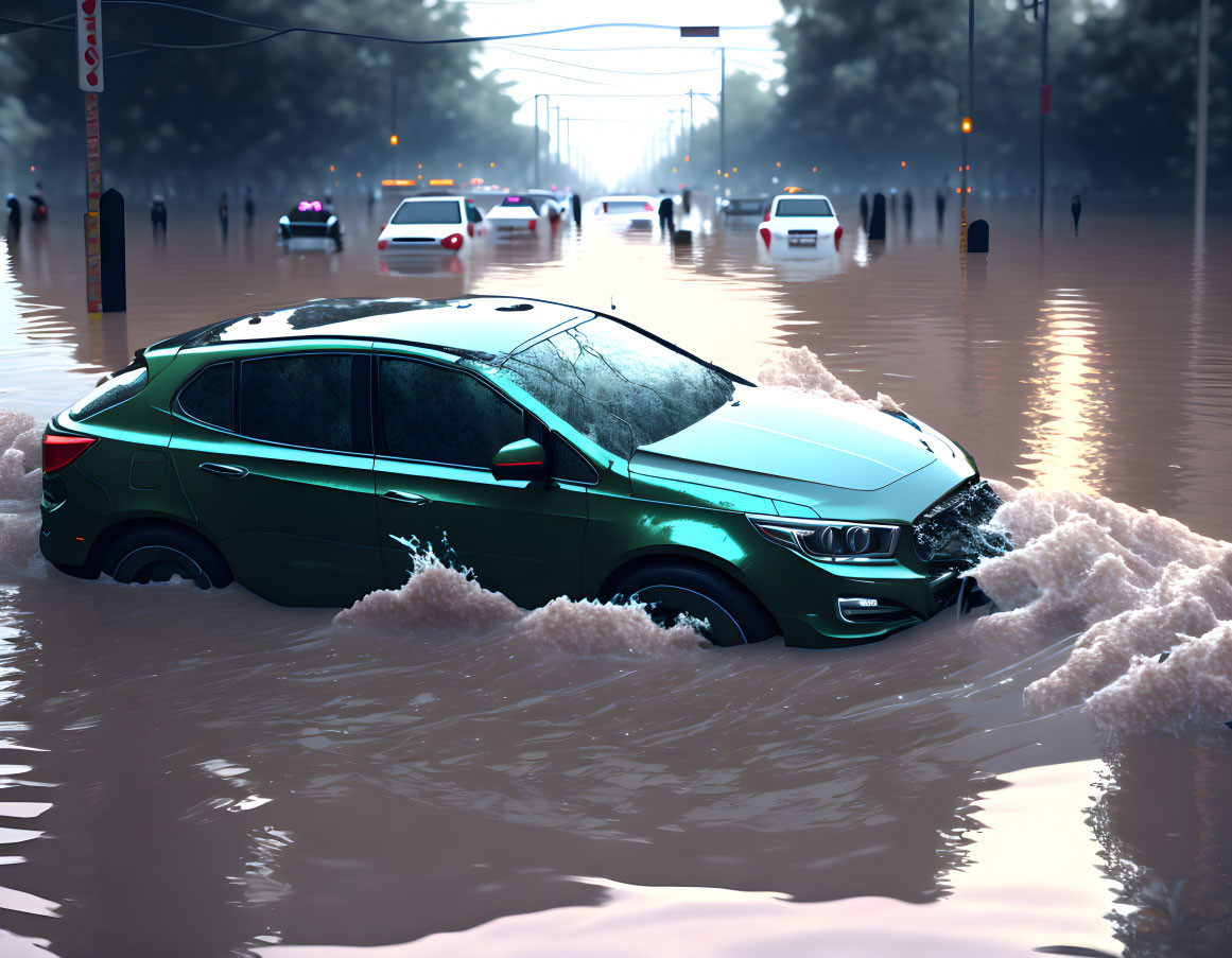 Stranded green car in deep city floodwaters