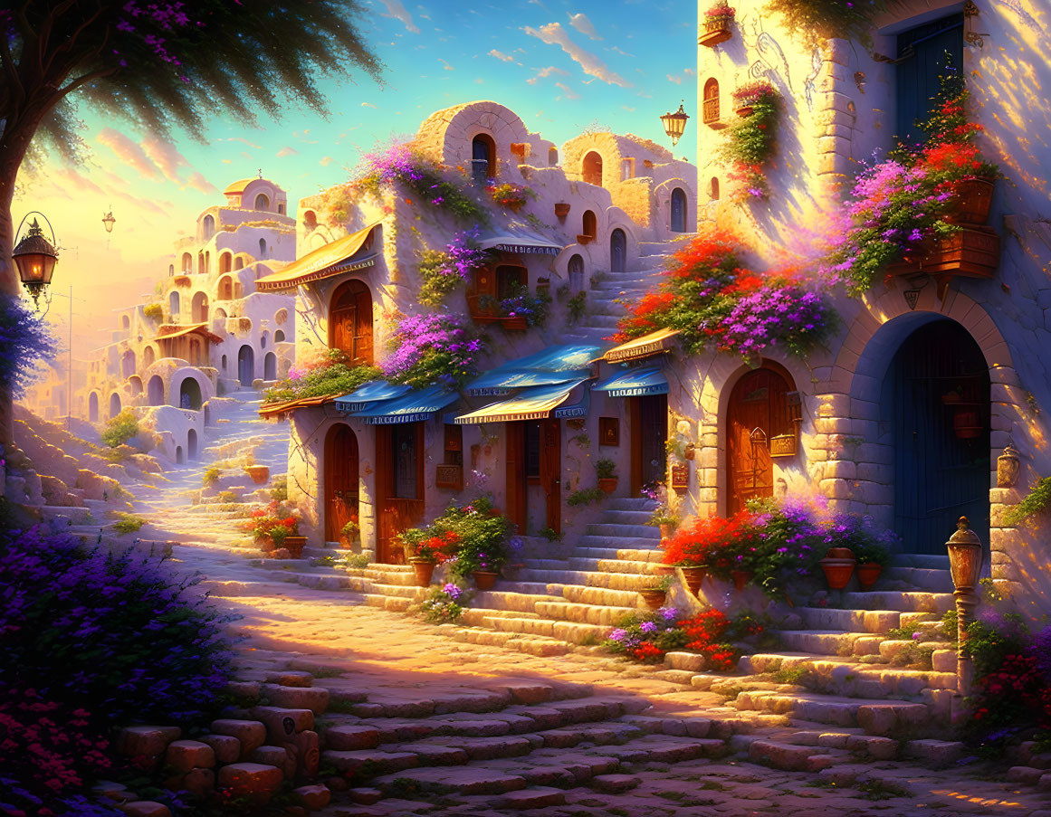 Sunlit village: cobblestone steps, white houses, blue doors, vibrant flowers, warm sky