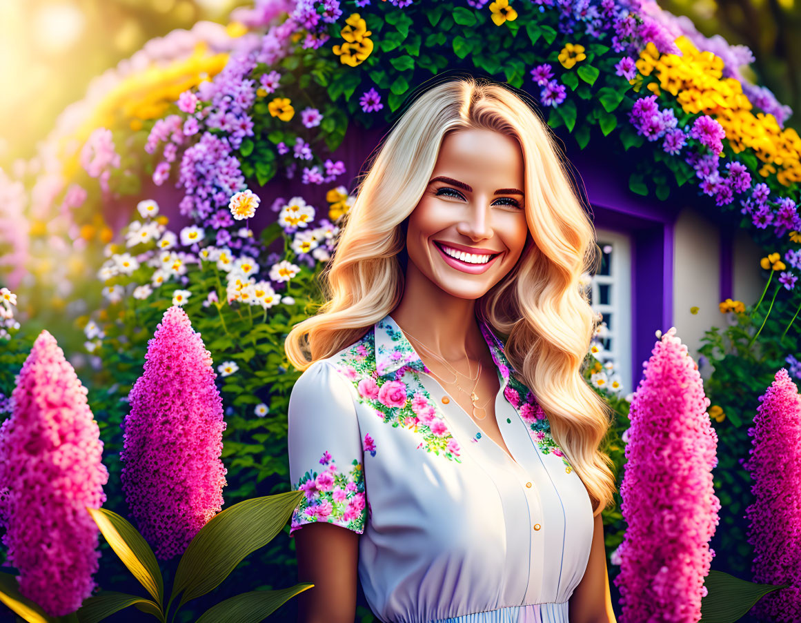 Blonde Woman Smiling in Floral Garden with Pink and Purple Flowers