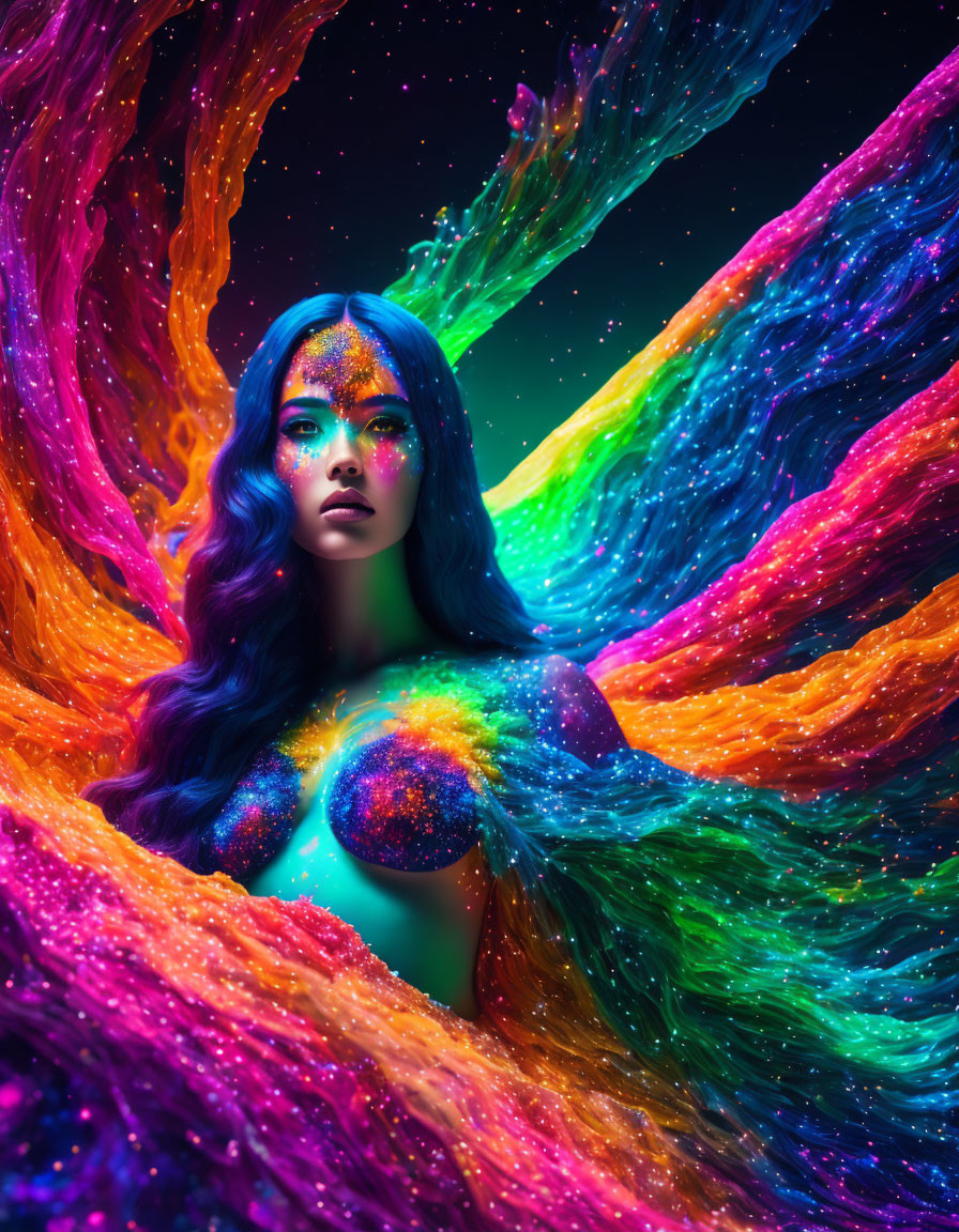 Vibrant Blue-Haired Woman in Neon Cosmic Surroundings