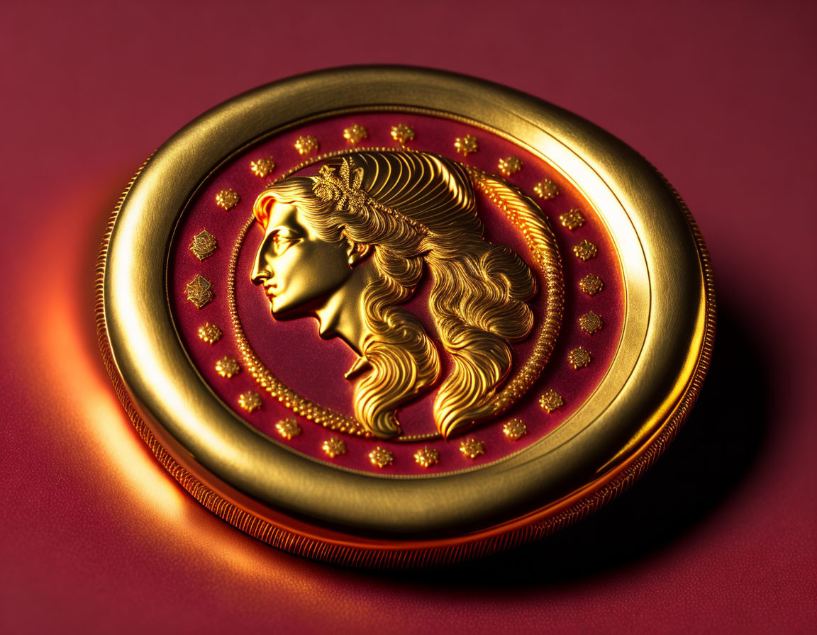 Embossed golden coin with woman profile on red background