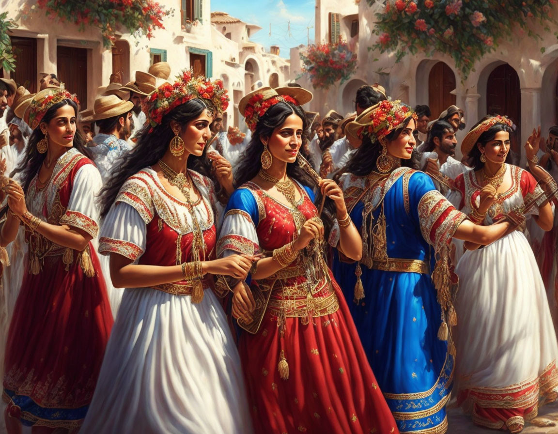 Vibrant traditional dresses: Women dancing in a crowd