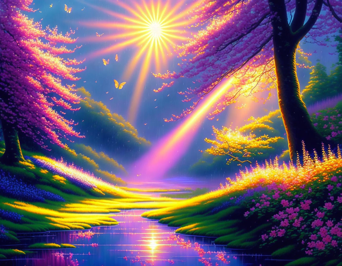 Colorful illustration: Magical forest with blooming trees, radiant sunbeams, river, butterflies